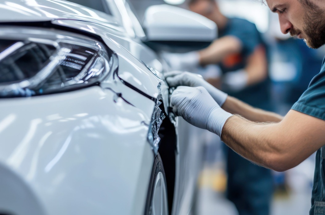 Mechaniker repariert weißes Auto in Autowerkstatt